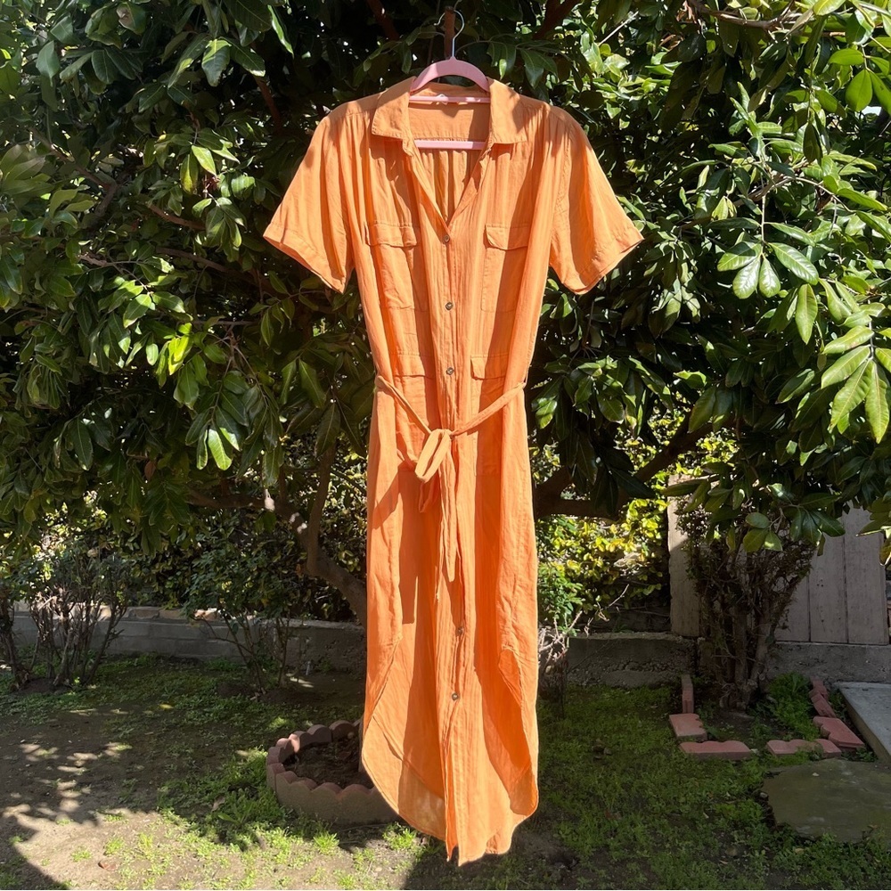SKIN WORLDWIDE orange cotton short sleeve belted button up‎ midi shirt dress